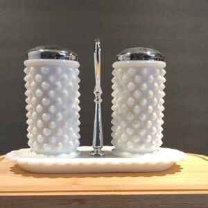 Fenton Salt and Pepper Shakers with Tray Caddy Stand White Milk Glass Hobnail